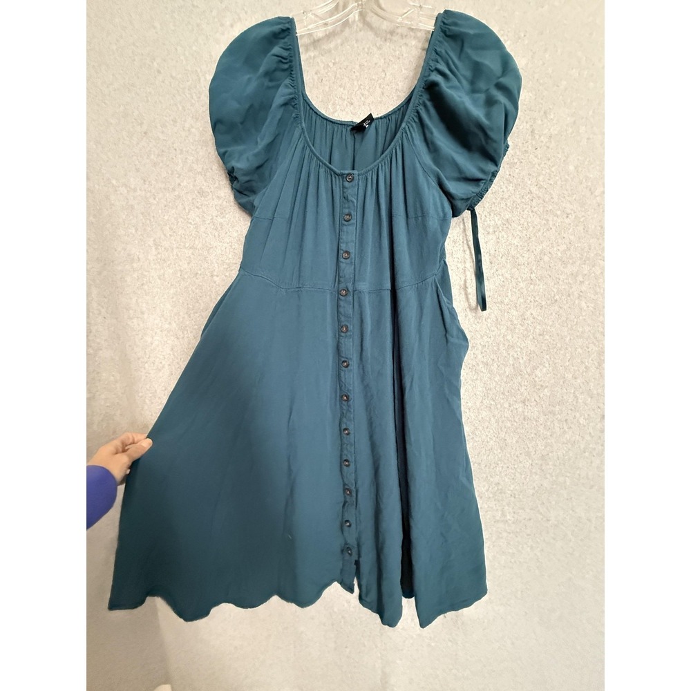 Torrid Dress Womens 1 Blue Button Front Puff Sleeve Trapeze Empire Pockets